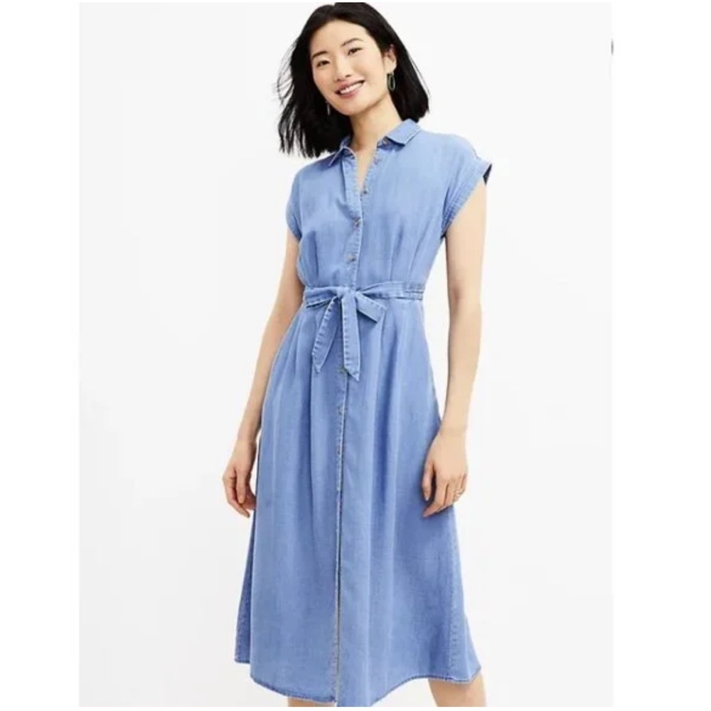 LOFT Chambray Sleeveless Button Front Dres Sz 00 Linen Cottagecore Classic - Picture 1 of 8